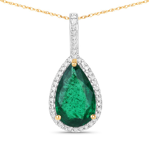 Emerald-IGI Certified 1.38 Carat Genuine Zambian Emerald and White Diamond 14K Yellow Gold Pendant