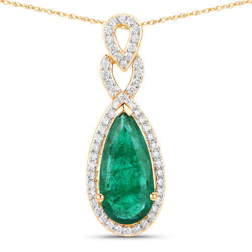 Emerald-IGI Certified 1.90 Carat Genuine Zambian Emerald and White Diamond 14K Yellow Gold Pendant