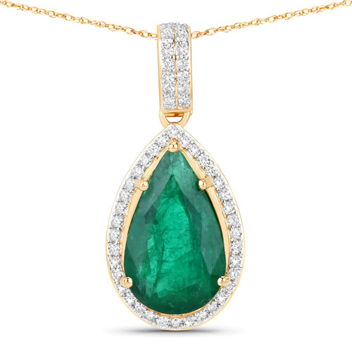 Emerald-IGI Certified 3.22 Carat Genuine Zambian Emerald and White Diamond 14K Yellow Gold Pendant