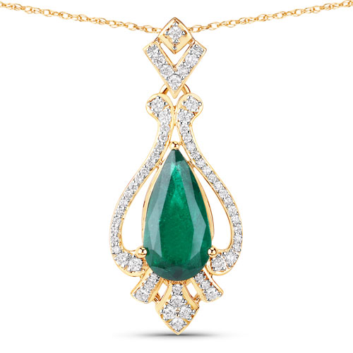 Emerald-IGI Certified 3.49 Carat Genuine Zambian Emerald and White Diamond 14K Yellow Gold Pendant