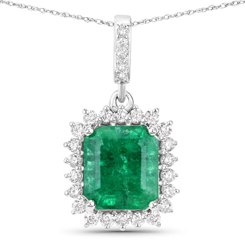 Emerald-IGI Certified 2.06 Carat Genuine Zambian Emerald and White Diamond 14K White Gold Pendant