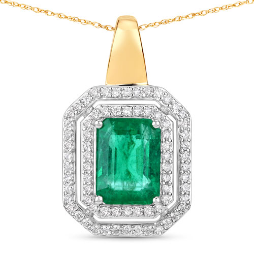 Emerald-IGI Certified 2.37 Carat Genuine Zambian Emerald and White Diamond 14K Yellow & White Gold Pendant