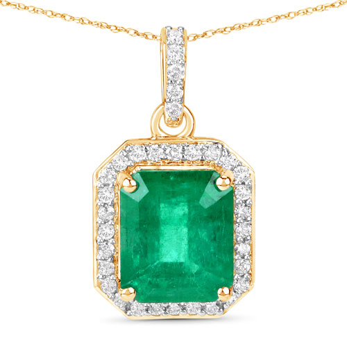 Emerald-IGI Certified 3.38 Carat Genuine Zambian Emerald and White Diamond 14K Yellow Gold Pendant