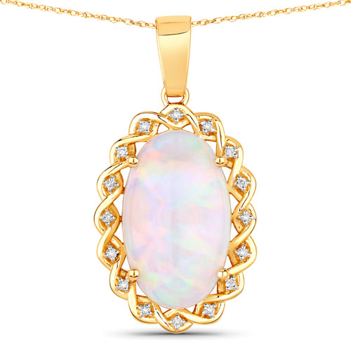 Opal-8.02 Carat Genuine Ethiopian Opal and White Diamond 14K Yellow Gold Pendant