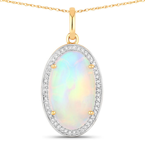 Opal-7.18 Carat Genuine Ethiopian Opal and White Diamond 14K Yellow Gold Pendant