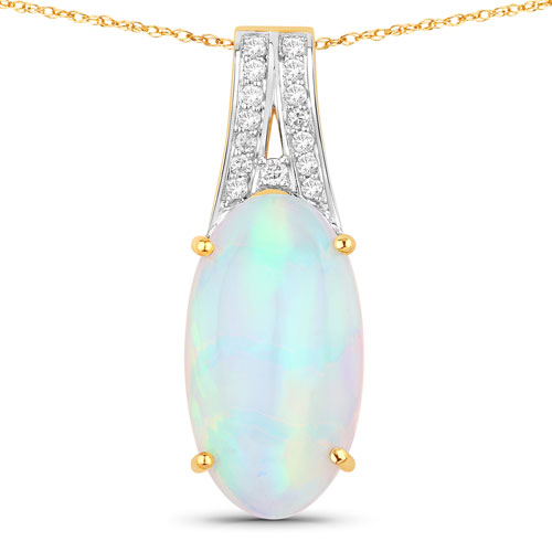 Opal-7.57 Carat Genuine Ethiopian Opal and White Diamond 14K Yellow Gold Pendant