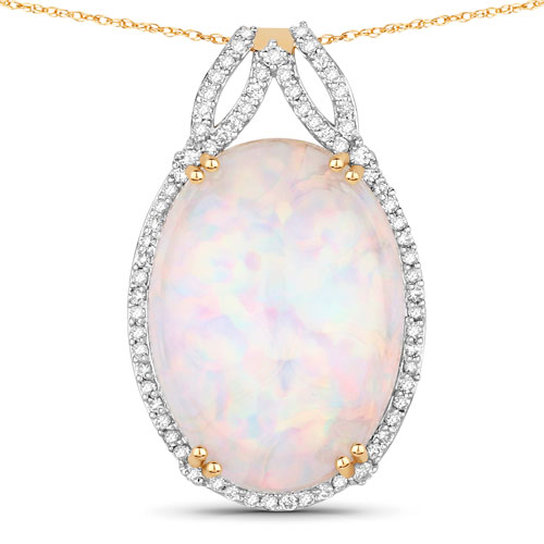 Opal-6.91 Carat Genuine Ethiopian Opal and White Diamond 14K Yellow Gold Pendant