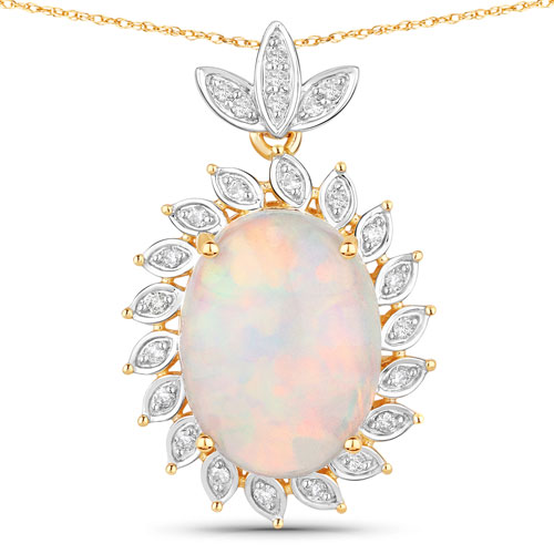 Opal-6.42 Carat Genuine Ethiopian Opal and White Diamond 14K Yellow Gold Pendant