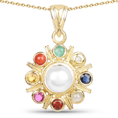 Pearl-18K Yellow Gold Plated 2.86 Carat Genuine Multi Stone .925 Sterling Silver Pendant