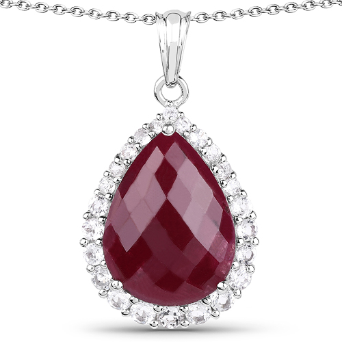 Ruby-18.46 Carat Dyed Ruby and White Topaz .925 Sterling Silver Pendant