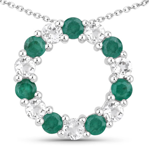 Emerald-1.47 Carat Genuine Emerald and White Topaz .925 Sterling Silver Pendant