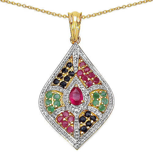 Ruby-14K Gold Plated 0.45 Carat Glass Filled Ruby Pendant with 1.58 ct. t.w. Multi-Gems in Sterling Silver