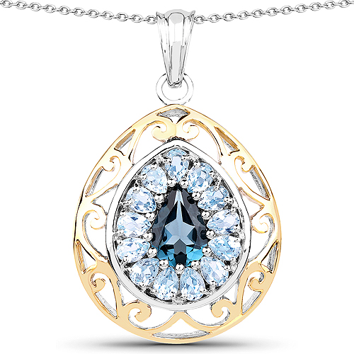 Pendants-18K Yellow Gold Plated 4.44 Carat Genuine London Blue Topaz and Blue Topaz .925 Sterling Silver Pendant
