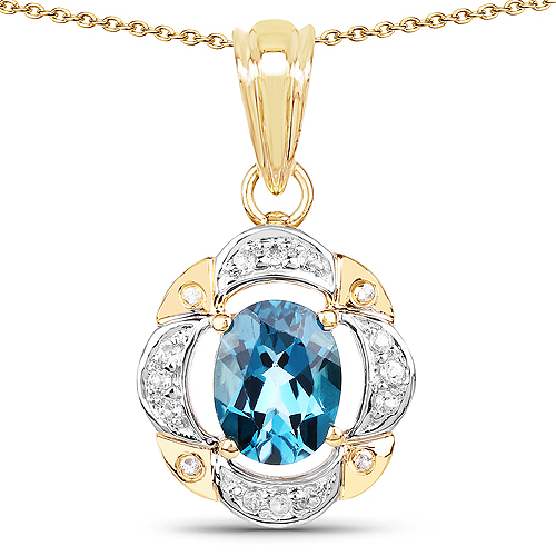 Pendants-14K Yellow Gold Plated 2.22 Carat Genuine London Blue Topaz and White Topaz .925 Sterling Silver Pendant