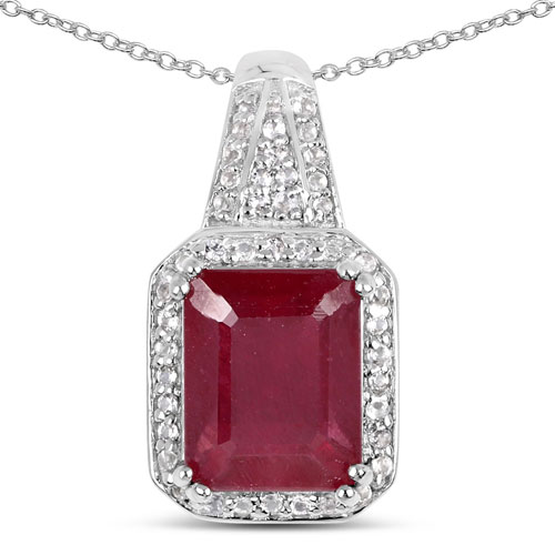Ruby-4.47 Carat Glass Filled Ruby and White Topaz .925 Sterling Silver Pendant