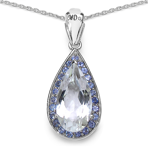Pendants-6.04 Carat Genuine Crystal Quartz, Tanzanite & White Diamond .925 Sterling Silver Pendant