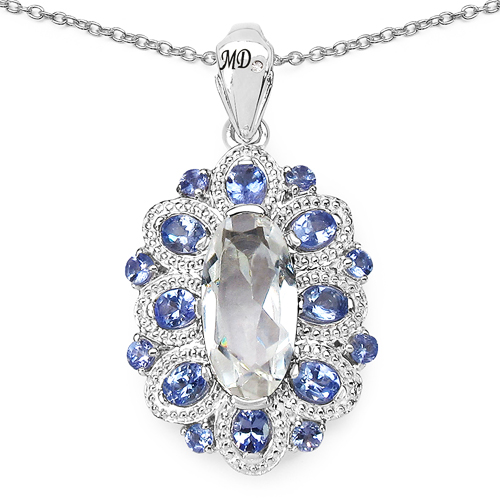 Pendants-6.10 Carat Genuine Crystal Quartz, Tanzanite & White Diamond .925 Sterling Silver Pendant