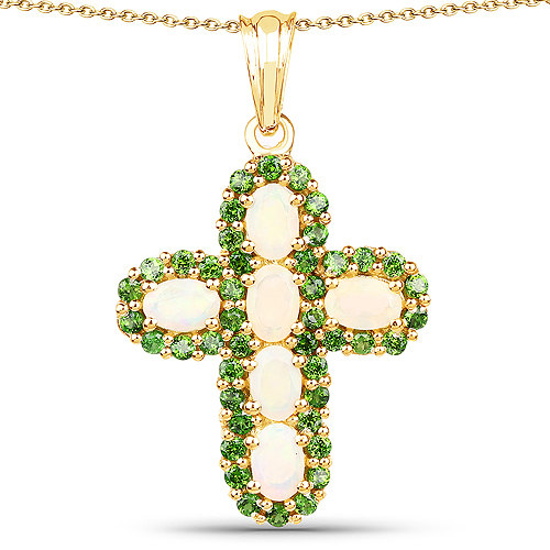 14K Yellow Gold Plated 3.11 Carat Genuine Ethiopian Opal and Chrome Diopside .925 Sterling Silver Pendant