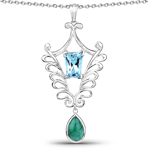 Emerald-9.23 Carat Genuine Emerald and Swiss Blue Topaz .925 Sterling Silver Pendant