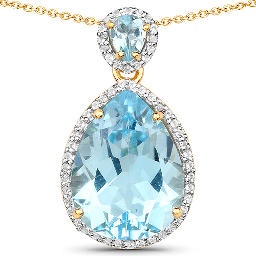 18K Yellow Gold Plated 10.60 Carat Genuine Blue Topaz And White Topaz .925 Sterling Silver Pendant