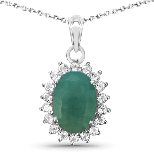 Emerald-7.59 Carat Genuine Emerald and White Topaz .925 Sterling Silver Pendant