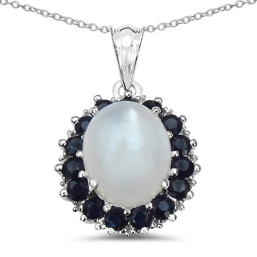 6.69 Carat Genuine White Moonstone, Blue Sapphire & White Diamond .925 Sterling Silver Pendant