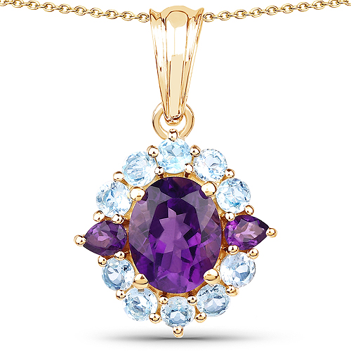 Amethyst-14K Yellow Gold Plated 3.70 Carat Genuine Amethyst and Blue Topaz .925 Sterling Silver Pendant