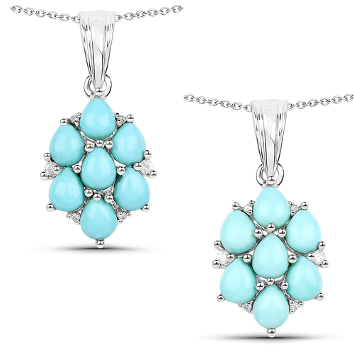Pendants-2.16 Carat Genuine Turquoise and White Zircon .925 Sterling Silver Pendant