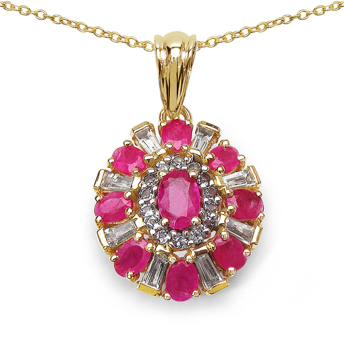 Ruby-14K Yellow Gold Plated 2.94 Carat Genuine Glass Filled Ruby & White Topaz .925 Sterling Silver Pendant