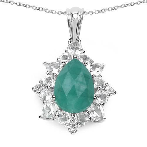 Emerald-10.81 Carat Genuine Emerald and White Topaz .925 Sterling Silver Pendant