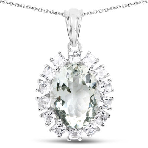 Amethyst-10.56 Carat Genuine Green Amethyst and White Topaz .925 Sterling Silver Pendant