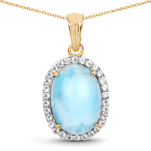 Pendants-14K Yellow Gold Plated 13.55 Carat Genuine Larimar and White Topaz .925 Sterling Silver Pendant