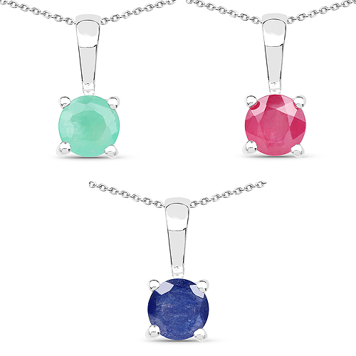 1.63 Carat Genuine Emerald, Glass Filled Ruby & Glass Filled Sapphire .925 Sterling Silver Pendant