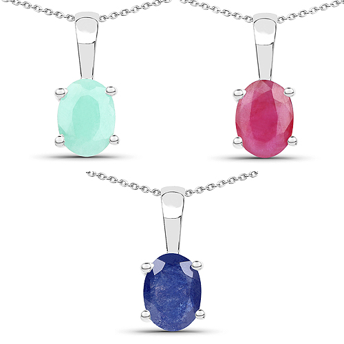 2.65 Carat Genuine Emerald, Glass Filled Ruby & Glass Filled Sapphire .925 Sterling Silver Pendant