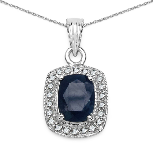 Sapphire-2.14 Carat Genuine Blue Sapphire and White Diamond 14K White Gold Pendant