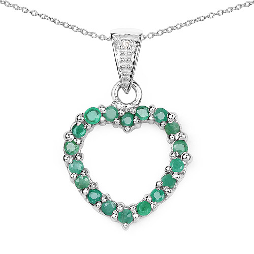 Emerald-0.54 Carat Genuine Emerald and White Diamond .925 Sterling Silver Pendant