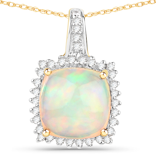 Opal-3.12 Carat Genuine Ethiopian Opal and White Diamond 14K Yellow Gold Pendant