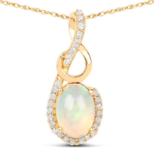 Opal-0.56 Carat Genuine Ethiopian Opal and White Diamond 14K Yellow Gold Pendant
