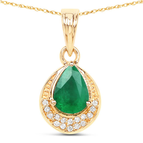 Emerald-0.89 Carat Genuine Zambian Emerald and White Diamond 14K Yellow Gold Pendant