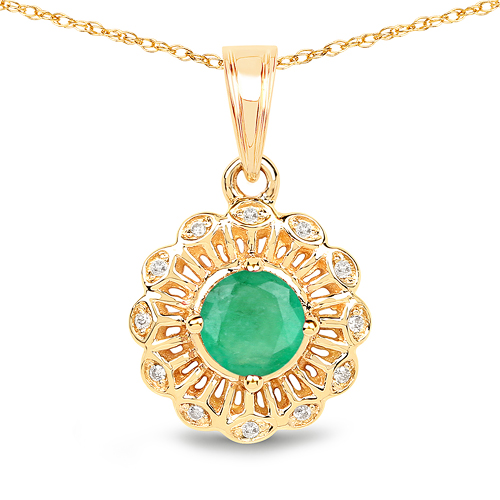 Emerald-0.46 Carat Genuine Zambian Emerald and White Diamond 14K Yellow Gold Pendant