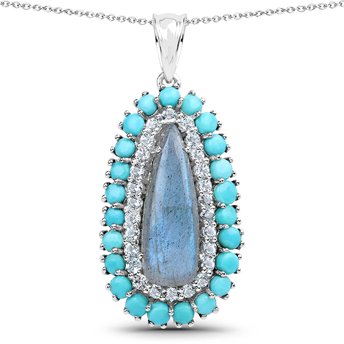 7.66 Carat Genuine Labradorite, Turquoise And Blue Topaz .925 Sterling Silver Pendant