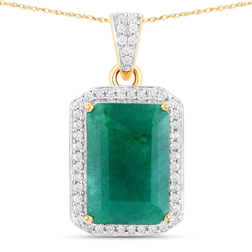 Emerald-5.75 Carat Dyed Emerald and White Diamond 14K Yellow Gold Pendant