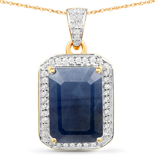 Sapphire-7.25 Carat Genuine Blue Sapphire and White Diamond 14K Yellow Gold Pendant