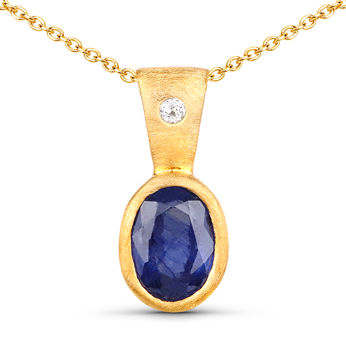 Sapphire-18K Yellow Gold Plated 1.02 Carat Glass Filled Sapphire and White Topaz .925 Sterling Silver Pendant