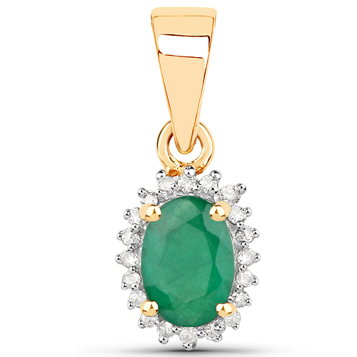 Emerald-0.50 Carat Genuine Zambian Emerald and White Diamond 14K Yellow Gold Pendant