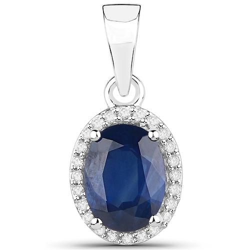 Sapphire-1.62 Carat Genuine Blue Sapphire and White Diamond 14K White Gold Pendant