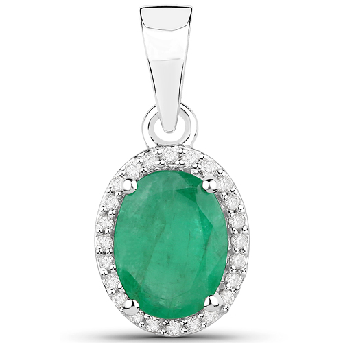Emerald-1.29 Carat Genuine Zambian Emerald and White Diamond 14K White Gold Pendant