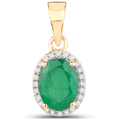 Emerald-1.29 Carat Genuine Zambian Emerald and White Diamond 14K Yellow Gold Pendant