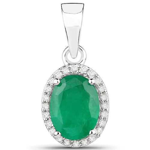 Emerald-1.34 Carat Genuine Zambian Emerald and White Diamond 14K White Gold Pendant