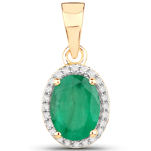 Emerald-1.34 Carat Genuine Zambian Emerald and White Diamond 14K Yellow Gold Pendant